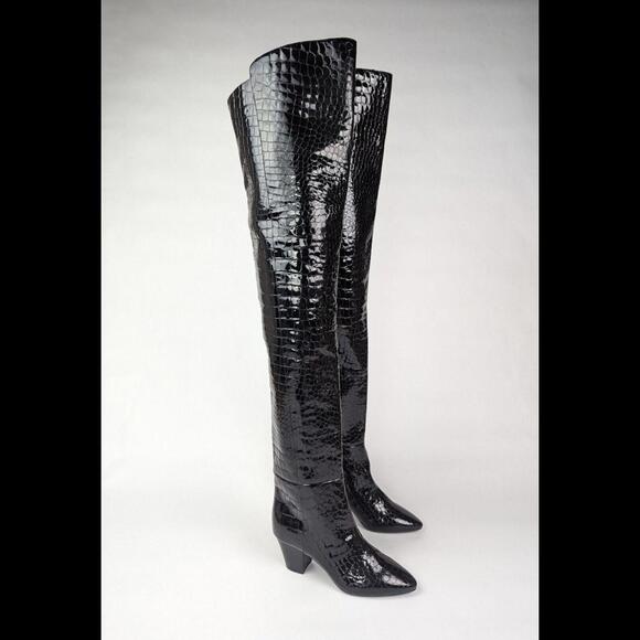 NEW SAINT LAURENT PARIS Sz EU 37 US 7 KIM Black Calfskin Croc Embossed OTK Boots - Picture 1 of 13